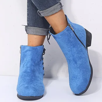 Buty zimowe damskie średnie kostki codzienne niebieski szary sznurowanie solidne buty zapinane na zamek z dużym plus rozmiar 35-43