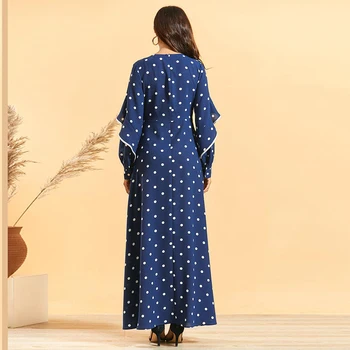 Siskakia Niebieski Kropki Potargane Sukienka Maxi Elegancka Moda Plus Size Cienka Linia Talii Sukienki Wiosna 2020 Z Długim Rękawem, Szyi