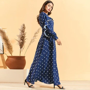 Siskakia Niebieski Kropki Potargane Sukienka Maxi Elegancka Moda Plus Size Cienka Linia Talii Sukienki Wiosna 2020 Z Długim Rękawem, Szyi