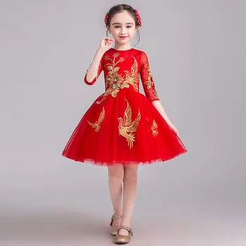 New 2020 Girls embroidery Flower Dress Flower Boy High-end Wedding Dress Elegant Girls' Flower-lace Banquet Dress red