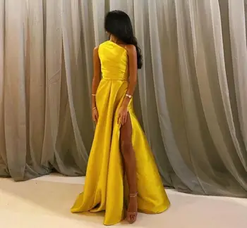 A-Line jeden ramię długie satynowe żółte sukienki z kieszeniami długość podłogi zamek błyskawiczny z tyłu fioletowa suknia wieczorowa dla kobiet