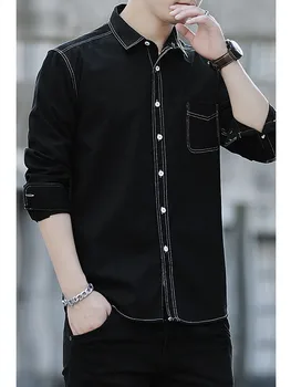 2021 nowy czarny bawełna koszula japoński elegancki casual shirt imitacja denim pralnia zwykła koszula z długim rękawem prosta, modna koszula