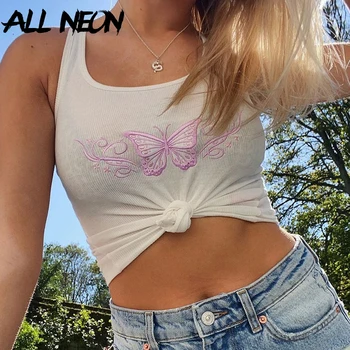 ALLNeon punk-styl motyl haft z przodu białe bluzki Y2K moda żebrowane oparcia przycięte paski topy E-girl lato