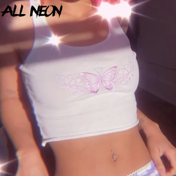 ALLNeon punk-styl motyl haft z przodu białe bluzki Y2K moda żebrowane oparcia przycięte paski topy E-girl lato