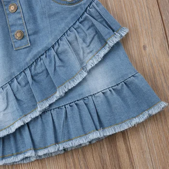 Letnia moda casual słodki Baby Girls spódnice jeansowe niebieskie falbanki przycisk elastyczny pas A-Line spódnica strój 1-6Y