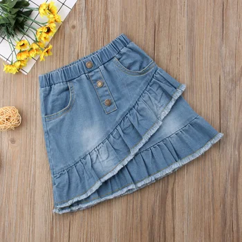Letnia moda casual słodki Baby Girls spódnice jeansowe niebieskie falbanki przycisk elastyczny pas A-Line spódnica strój 1-6Y