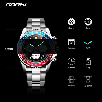SINOBI Top Quantiy biznes zegarek ze stali nierdzewnej męskie czarne świecące zegarki chronograf kwarcowy zegarek sportowy Relogio Masculino