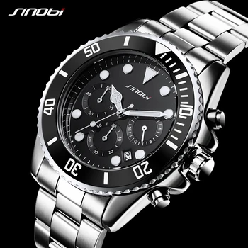 SINOBI Top Quantiy biznes zegarek ze stali nierdzewnej męskie czarne świecące zegarki chronograf kwarcowy zegarek sportowy Relogio Masculino