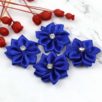 Lulang 24шт królewski niebieski wstążki satynowe kwiaty łuki Róża w/rhinestone aplikacje rzemiosło ślubny ornament 30x30mm (1,18 cala)