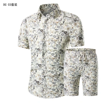 YASUGUOJI New Summer 2019 Fashion kwiatowy print kostium dwuczęściowy spodnie Slim Fit koszula z krótkim rękawem i szorty męskie zestawy z 2 części