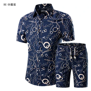 YASUGUOJI New Summer 2019 Fashion kwiatowy print kostium dwuczęściowy spodnie Slim Fit koszula z krótkim rękawem i szorty męskie zestawy z 2 części