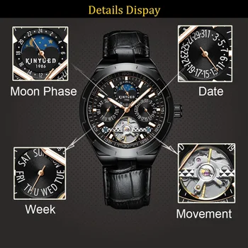 KINYUED klasyczne męskie zegarki automatyczne zegarek mechaniczny tourbillon zegarek skóra naturalna wodoodporna wojskowe retro zegarek
