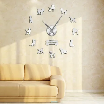 Pudel duży ręka nowoczesne zegary ścienne Pudelhund DIY gigantyczny zegar ścienny jadalnia Wystrój ścian Caniche efekt lustra DIY duży ścienny art