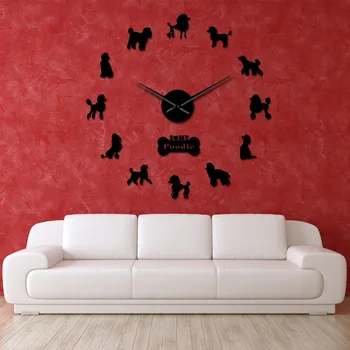 Pudel duży ręka nowoczesne zegary ścienne Pudelhund DIY gigantyczny zegar ścienny jadalnia Wystrój ścian Caniche efekt lustra DIY duży ścienny art