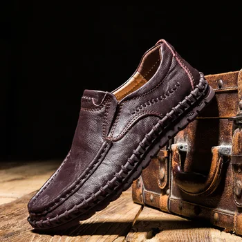 DM393 skóra naturalna buty Męskie wygodne gwint obuwie wysokiej jakości skóry wołowej skóry męskie mieszkania plus rozmiar 39-48 buty dla mężczyzn