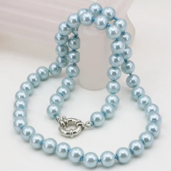 Jasno - niebieski 8 mm powłoki okrągłe akrylowe, imitacja pereł naszyjnik kobiety moda oświadczenie obojczyk łańcuch naszyjnik naszyjnik biżuteria 18 cali B3217