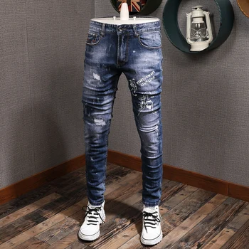Amerykańska Uliczna Moda Dżinsy Męskie Wysokiej Jakości Elastyczny Slim Fit Podarte Dżinsy Mężczyźni Drukowane Markowe Spodnie Hip Hop Dżinsy Homme