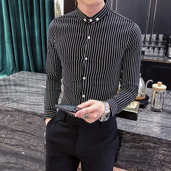 Wiosna nowy 2021 z długim rękawem młody człowiek w paski koszula czarny biznes formalna odzież Slim Fit casual bluzka Homme All Match 3XL-M