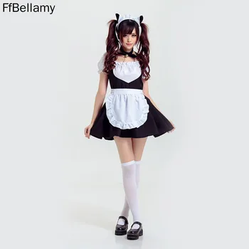 Śliczne Anime Cat Bell Pokojówka Strój Claasic Cosplay Kostium Dziewczyny Kawaii Lolita Sukienka Kawy Pokojówka Czarny Biały Uniform