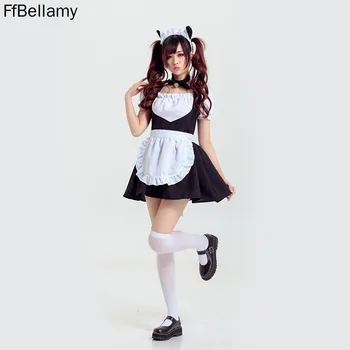 Śliczne Anime Cat Bell Pokojówka Strój Claasic Cosplay Kostium Dziewczyny Kawaii Lolita Sukienka Kawy Pokojówka Czarny Biały Uniform