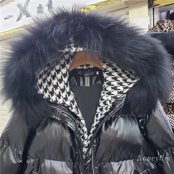 2020 zimowy kurtka puchowa z bawełnianą podszewką kobiecy styl europejski Houndstooth szyć prawdziwe naturalne futro kołnierz luźny kaptur kurtka