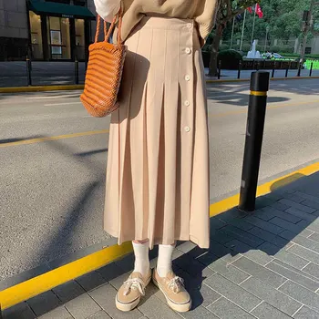 3 kolory 2020 jesień damskie długie spódnice kobiety koreański styl Wysoka Talia długa plisowana spódnica przycisk linia midi spódnica damska (X1571)