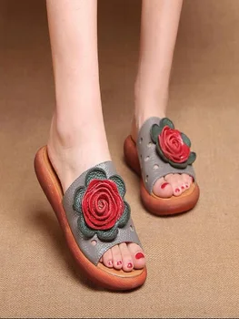 RUSHIMAN 2018 Woman buty z naturalnej skóry dla kobiet kapcie Slip-On uliczne kapcie Damskie buty na płaskiej podeszwie z сандалиями kwiatowy