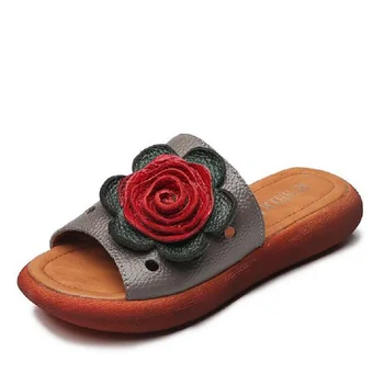 RUSHIMAN 2018 Woman buty z naturalnej skóry dla kobiet kapcie Slip-On uliczne kapcie Damskie buty na płaskiej podeszwie z сандалиями kwiatowy
