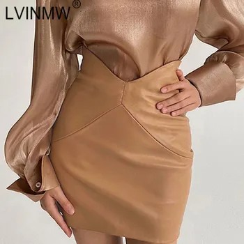 LVINMW Sexy High Waist Back Zipper Fly Patchwork Skinny PU Leather Skirt Solid Slim Fashion Mini Skirts Women Autumn Club Party