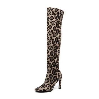 Taoffen Kobiety Nad Kolanem Buty Moda Wysoki Obcas Zimowe Buty Damskie Sexy Leopard Długi Butów Lady Meble Buty Rozmiar 34-43