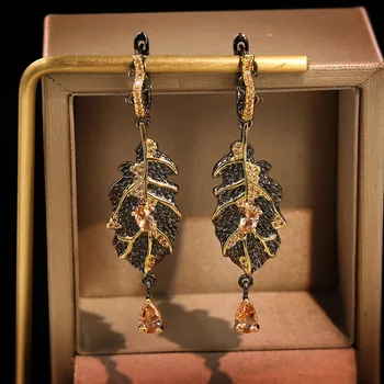 CIZEVA Bohemia biżuteria retro jesienny liść srebra próby 925 kropla kolczyk damskie eleganckie czarne złota wypełnione kolczyki Ślubne