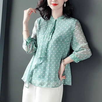 Kobiety wiosna-lato styl szyfon bluzka koszula Lady casual z długim rękawem w kropki drukowane szyfon Blusas topy DF3720
