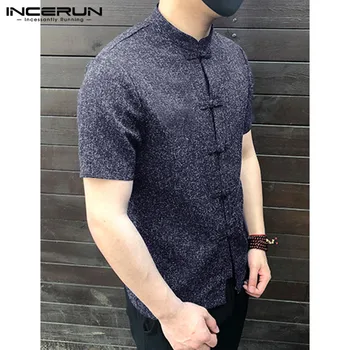 INCERUN 2021 chiński styl koszula męska przycisk stoisko kołnierz z krótkim rękawem casual luźna jednolity kolor vintage Tang garnitur koszule mężczyźni