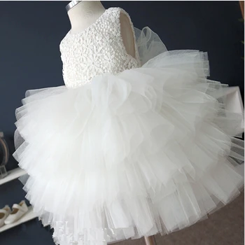 Koreański Księżniczka cute girl biały bez rękawów O-neck chrzciny bowknot koronki ciasto suknia show/urodziny/ślub suknia