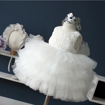 Koreański Księżniczka cute girl biały bez rękawów O-neck chrzciny bowknot koronki ciasto suknia show/urodziny/ślub suknia
