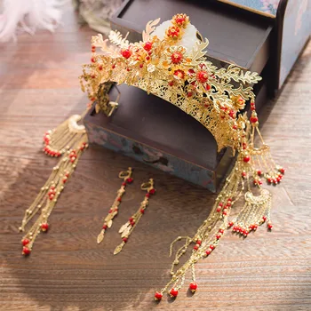 Chińskie tradycyjne złote kryształki Phoenix Korony tiary i korony kropla kolczyk zestawy biżuterii dla panny młodej ślub panny młodej