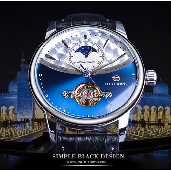 Forsining Royal Tourbillon Blue Automatyczne Męskie Zegarki Mechaniczne Faza Księżyca Skóra Naturalna Mężczyzna Zegarka Otomatik Erkek Saat Clock