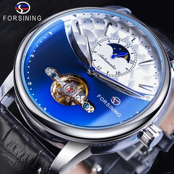 Forsining Royal Tourbillon Blue Automatyczne Męskie Zegarki Mechaniczne Faza Księżyca Skóra Naturalna Mężczyzna Zegarka Otomatik Erkek Saat Clock