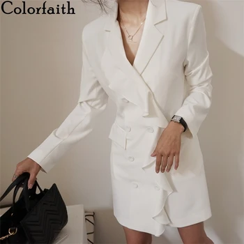 Colorfaith New 2020 Jesień Zima damskie blezery guziki kieszenie kurtki zębate wzór falbanki biurowe, eleganckie bluzki JK1313