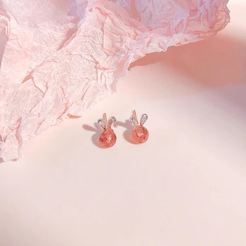 WYEAIIR truskawka różowy Kryształ królicze uszy prosty, słodki, romantyczny, uroczy, 925 srebro kolczyki damskie