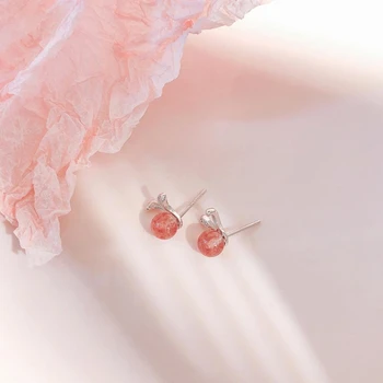 WYEAIIR truskawka różowy Kryształ królicze uszy prosty, słodki, romantyczny, uroczy, 925 srebro kolczyki damskie