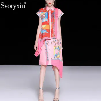 Svoryxiu Elegant Runway Summer Pink Printed Skirt Suit Women ' s Casual Vacation Party Asymmetry Fashion Two Piece Set Female