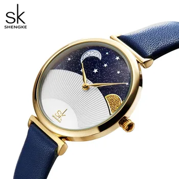 Moda damska niebieski zegarek kwarcowy Panie Skórzany pasek do zegarków wysokiej jakości dorywczo wodoodporny zegarek Shengke prezent dla żony
