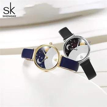 Moda damska niebieski zegarek kwarcowy Panie Skórzany pasek do zegarków wysokiej jakości dorywczo wodoodporny zegarek Shengke prezent dla żony