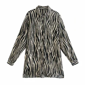 2020 ZA Animal Print Vintage Long Shirt Women Long Sleeve tekstylny kołnierz Flowy Top moda damska przycisk temat nieregularne koszule