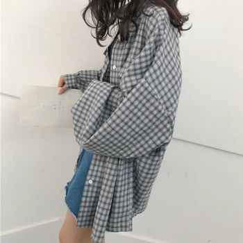 Bluzka koszula kobiety z długim rękawem w kratę lampa temat 3XL wszystko-Mecz studenci koreański styl codzienne damskie bluzki moda Vintage chic
