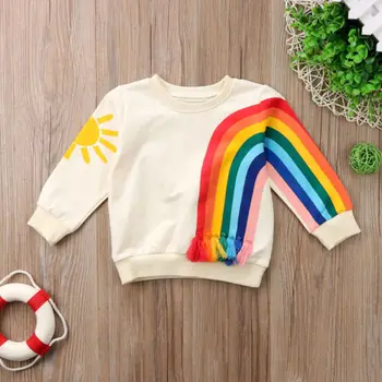 Długi rękaw Tęczowy print bluza sweter top dla niemowląt i małych dzieci