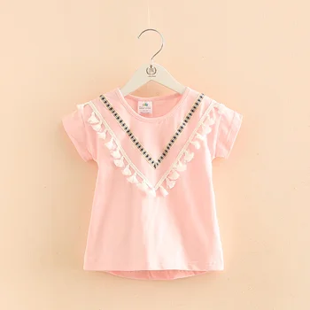 Ubrania Dla Dziewczyn 2021 Lato 2-10 Lat Dzieci Bawełna Biały Różowy Kolor V Pędzelka Patchwork Z Krótkim Rękawem O-Neck T-Shirt Dziewczyny