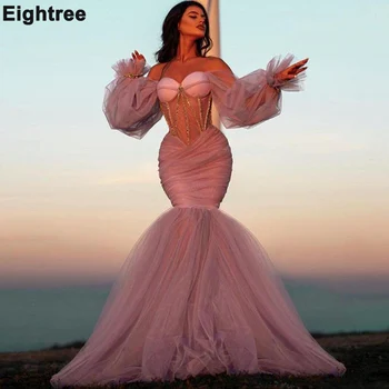 Eightree Mermaid Prom Dresses Długie Rękawy Kryształ Zroszony Korowód Sukienka Dla Kobiet Party Night Off Shoulder Party Dress