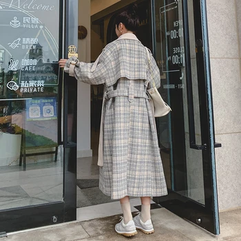 Wełniany płaszcz 2021 zima nowy pled koreański wolny miękki dwurzędowy pod kolanem klapy moda damska kurtka FC1